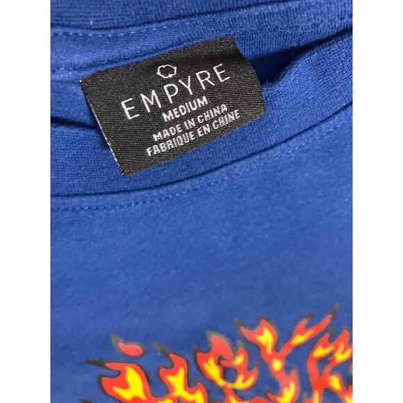 Empyre Blue Long Sleeve Flaming Skull T Shirt w/ Arm Graphic Men's Medium Y2K - Picture 2 of 5